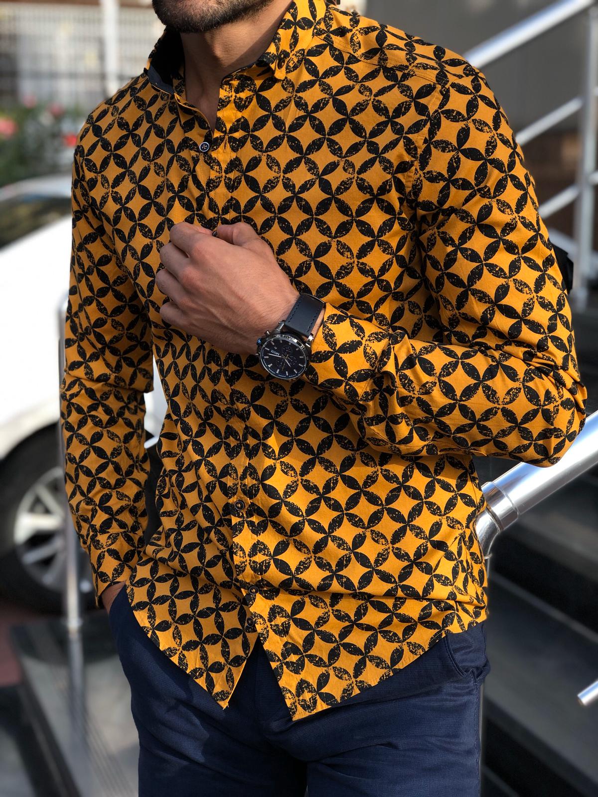 Bumb Slim-Fit Patterned Shirt Yellow-baagr.myshopify.com-Shirt-BOJONI