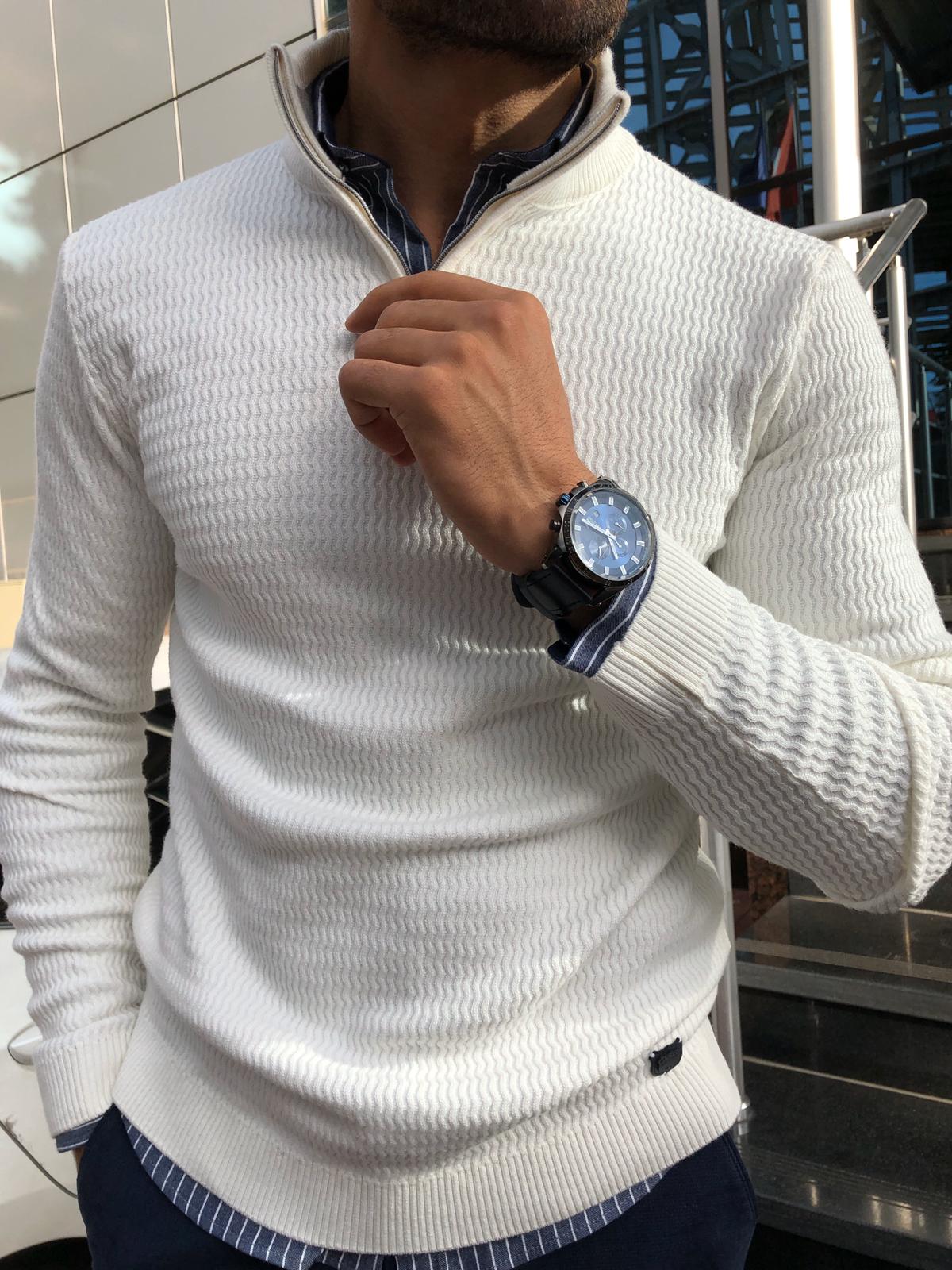 Slim-Fit Zippered Half-Necked Knitwear Ecru-baagr.myshopify.com-sweatshirts-BOJONI