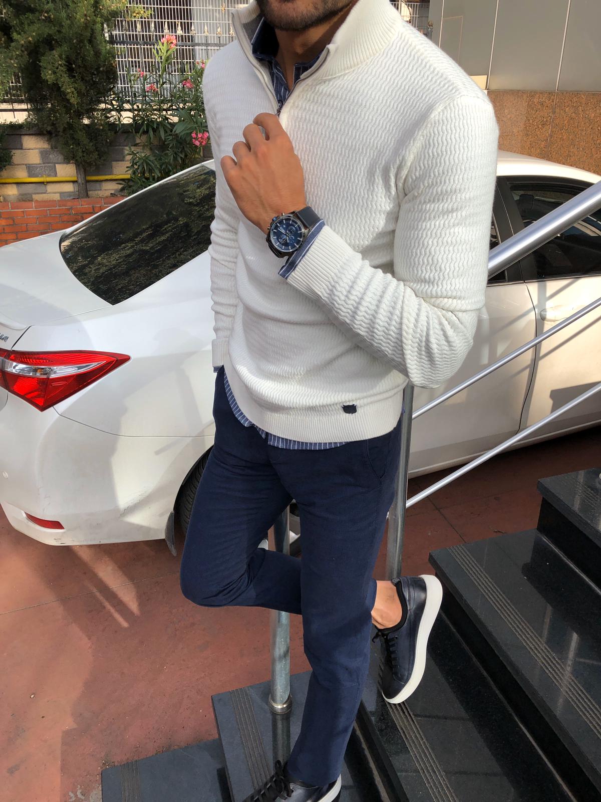 Slim-Fit Zippered Half-Necked Knitwear Ecru-baagr.myshopify.com-sweatshirts-BOJONI