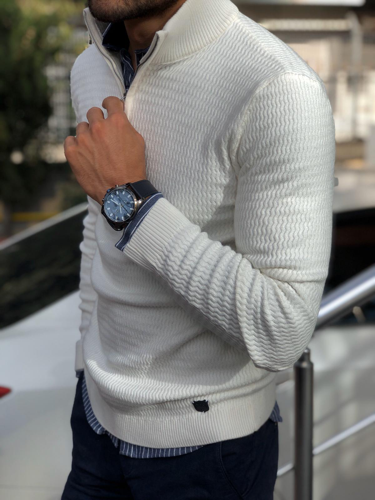 Slim-Fit Zippered Half-Necked Knitwear Ecru-baagr.myshopify.com-sweatshirts-BOJONI