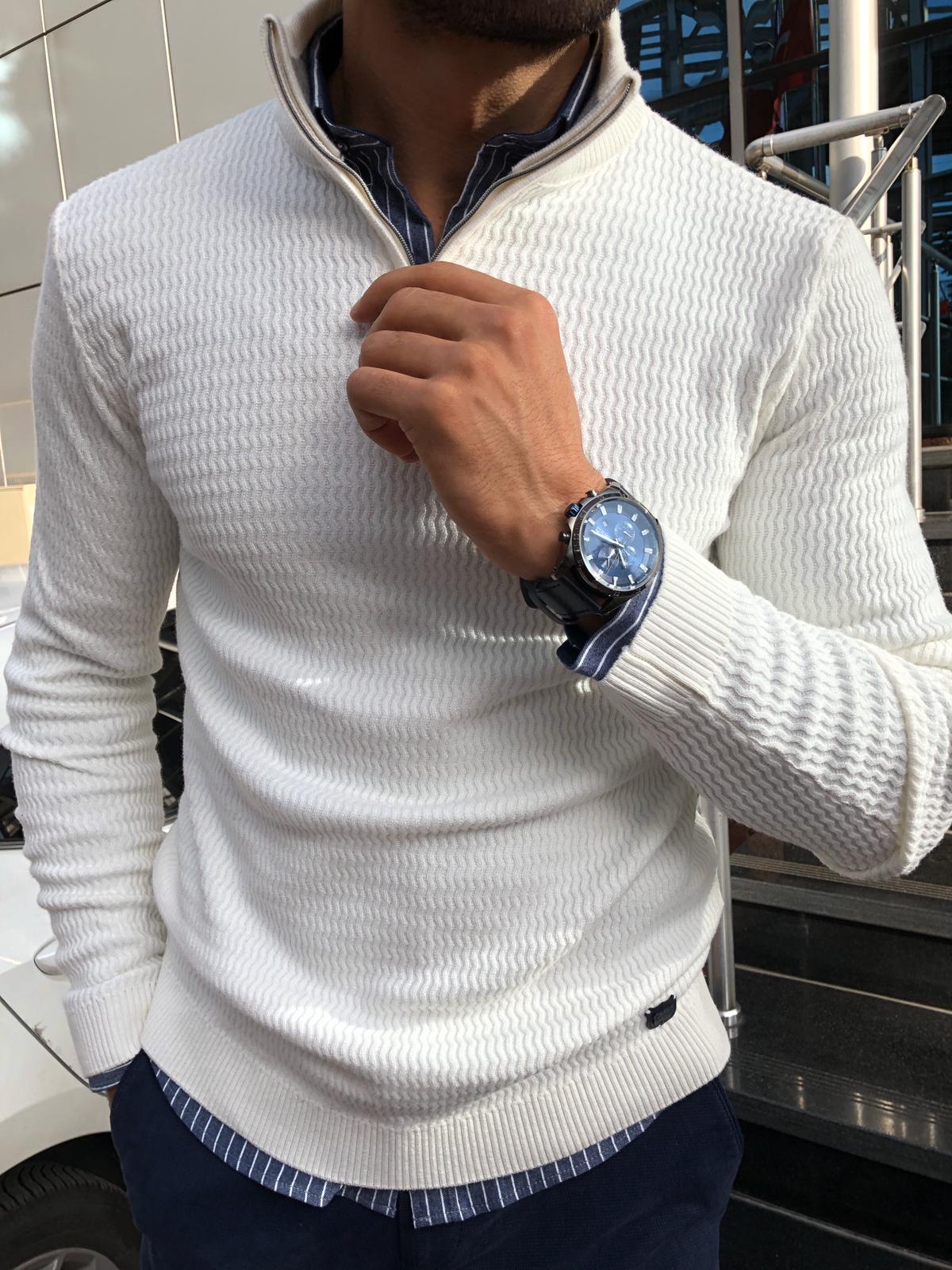 Slim-Fit Zippered Half-Necked Knitwear Ecru-baagr.myshopify.com-sweatshirts-BOJONI