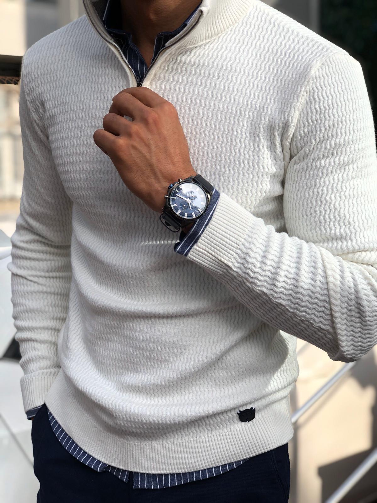 Slim-Fit Zippered Half-Necked Knitwear Ecru-baagr.myshopify.com-sweatshirts-BOJONI