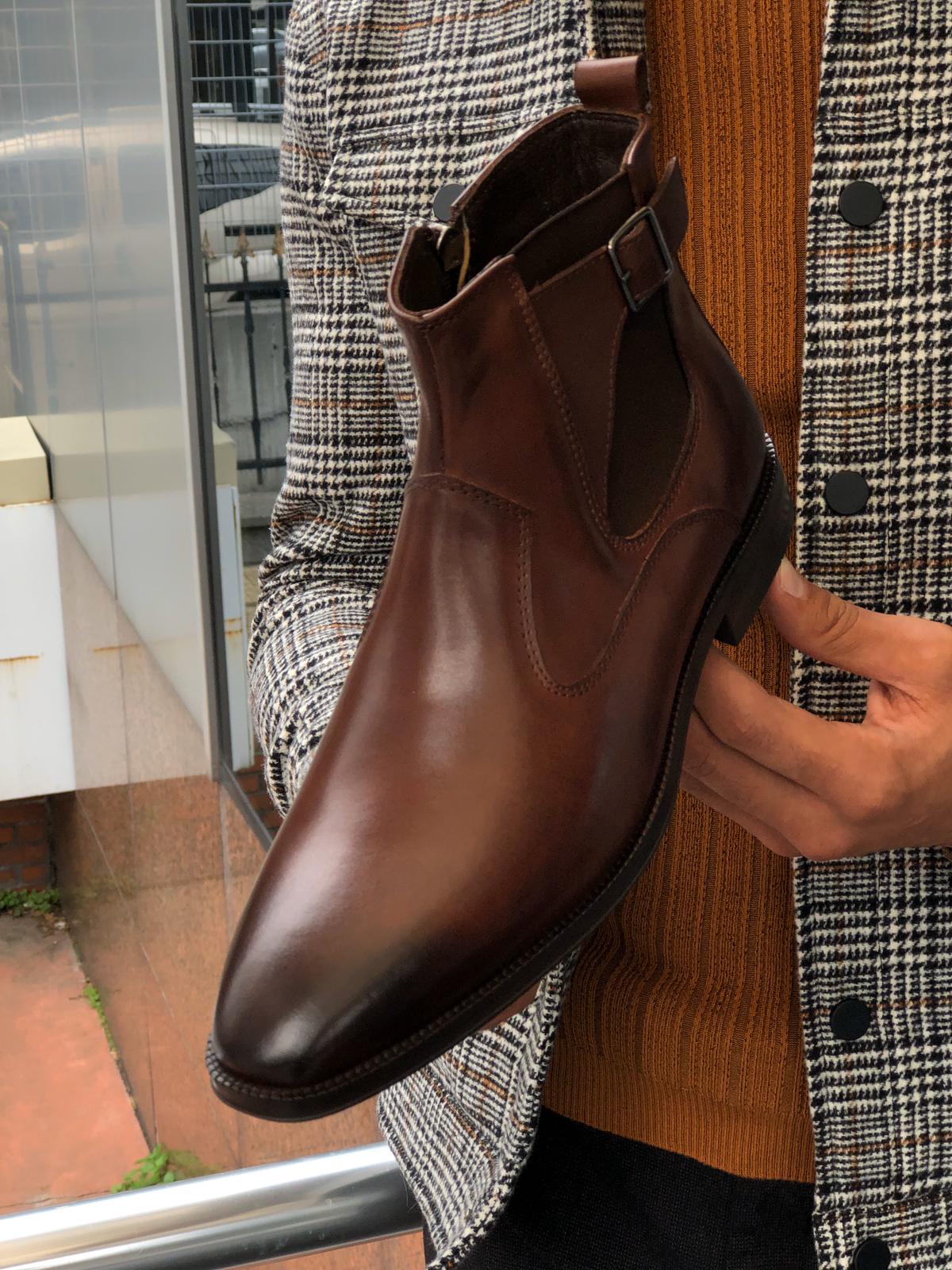 Chelsea Buckle Detail With Classic Leather Boots Brown-baagr.myshopify.com-shoes2-BOJONI