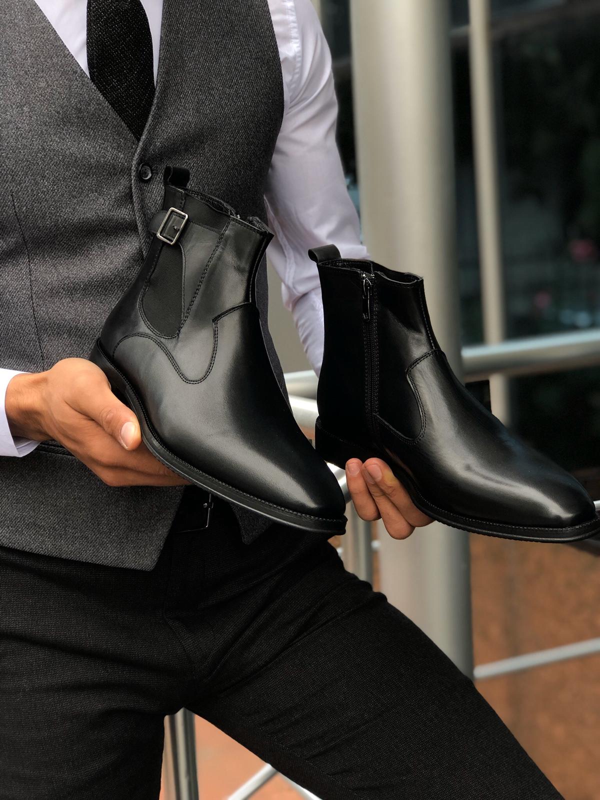 Chelsea Buckle Detail With Classic Leather Boots Black-baagr.myshopify.com-shoes2-BOJONI