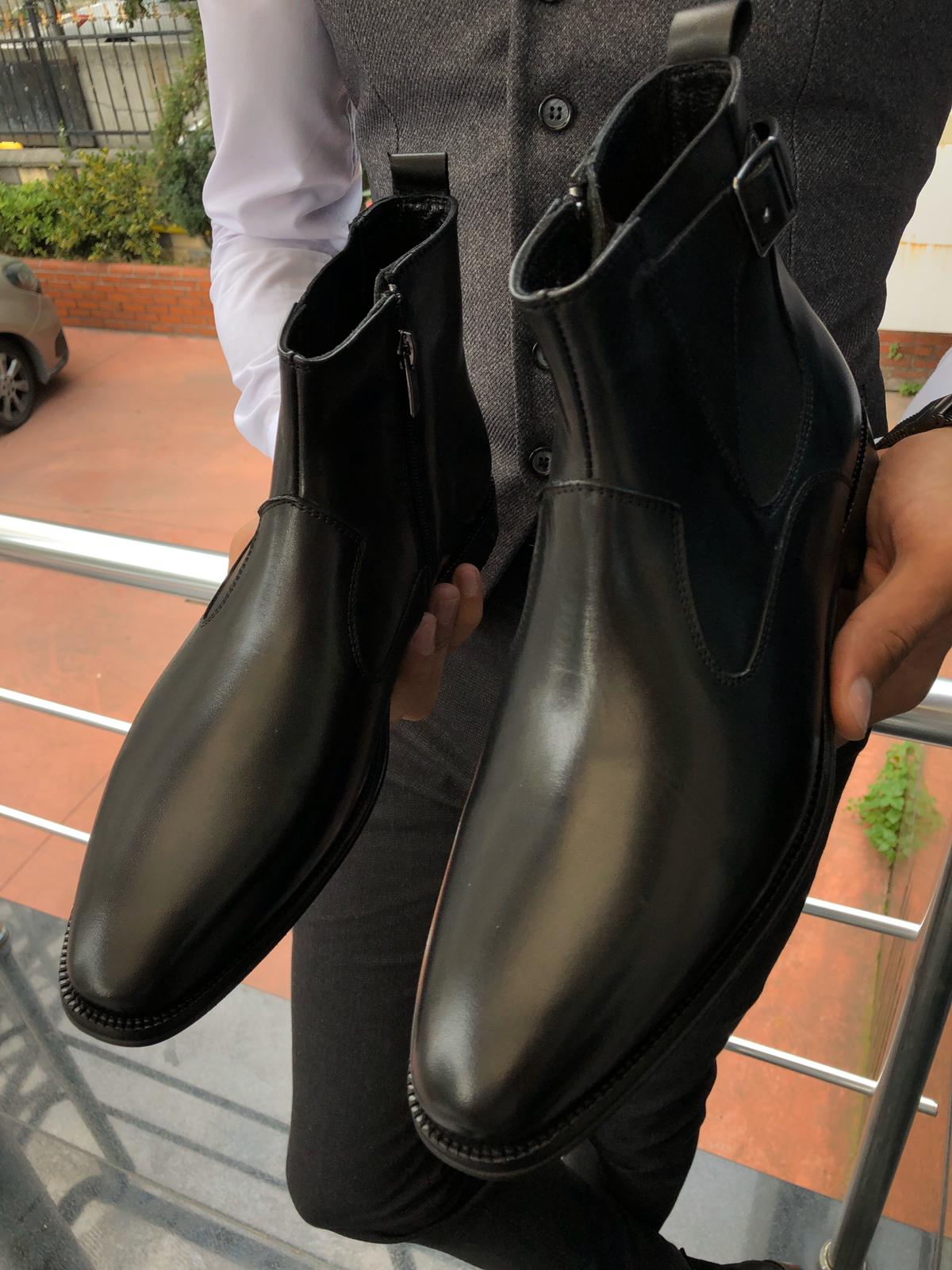 Chelsea Buckle Detail With Classic Leather Boots Black-baagr.myshopify.com-shoes2-BOJONI