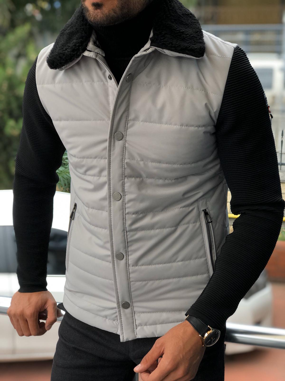 Bojoni Slim-Fit Fur Collar Coat Stone-baagr.myshopify.com-Jacket-BOJONI