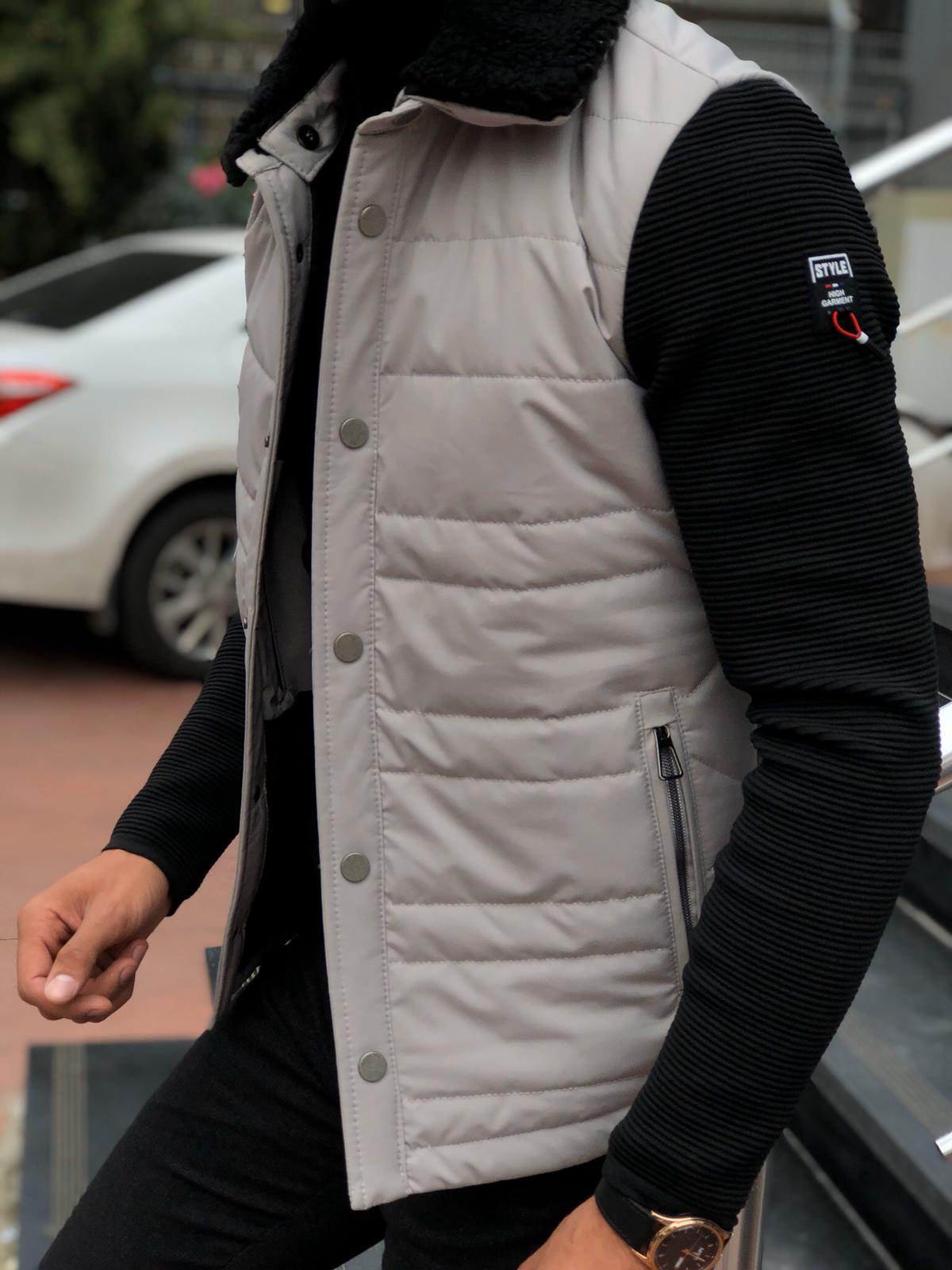 Bojoni Slim-Fit Fur Collar Coat Stone-baagr.myshopify.com-Jacket-BOJONI