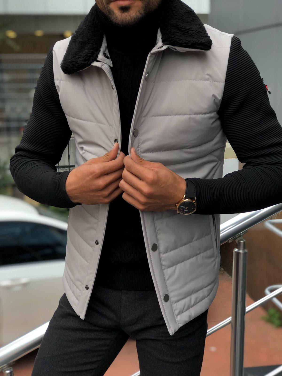 Bojoni Slim-Fit Fur Collar Coat Stone-baagr.myshopify.com-Jacket-BOJONI