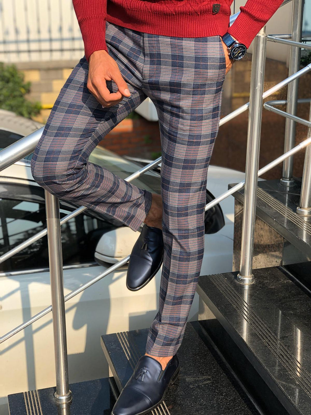 Lipos Slim-Fit Plaid Fabric Pants Navy Blue-baagr.myshopify.com-Pants-BOJONI