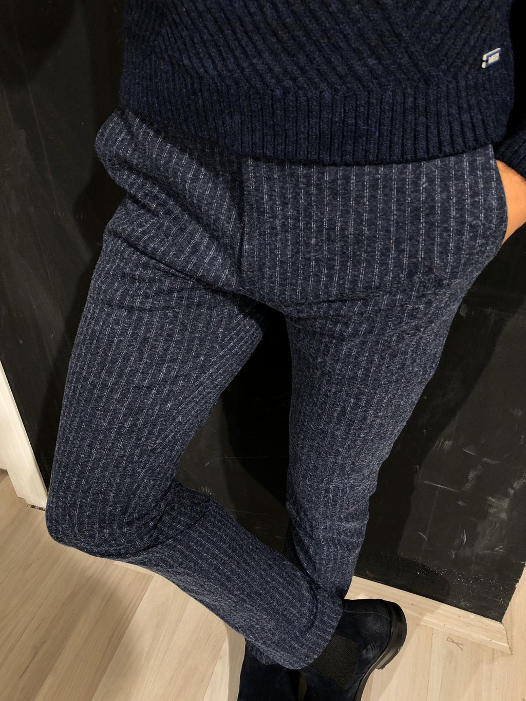 Lumas Slim-fit Striped Fabric Pants Navy-baagr.myshopify.com-Pants-BOJONI