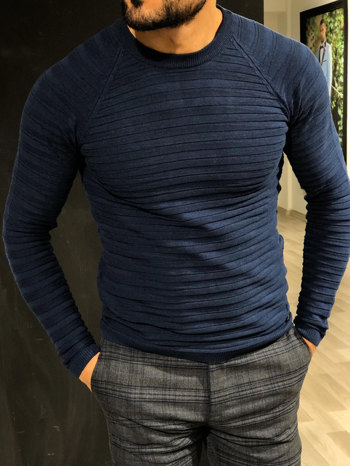 Slim-Fit Patterned Knitwear Navy-baagr.myshopify.com-sweatshirts-BOJONI