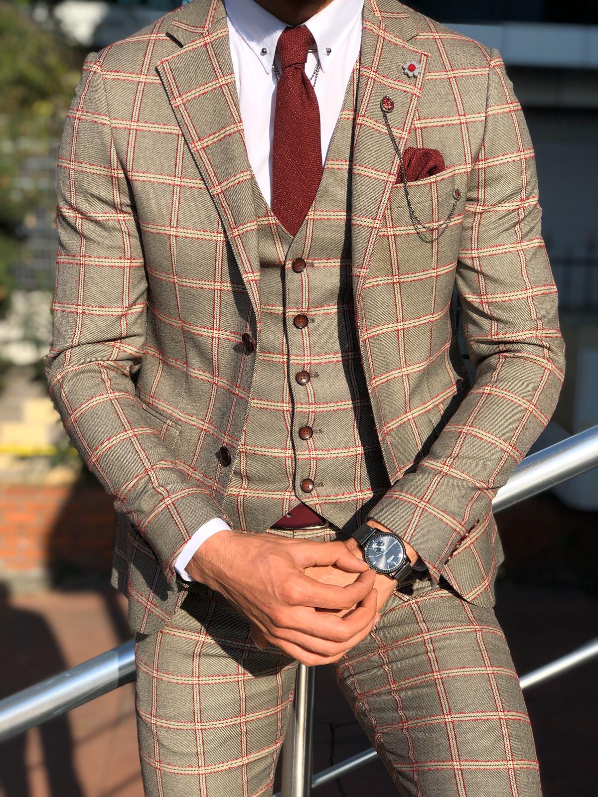 Toni Slim-Fit Plaid Suit Vest BURGUNDY-baagr.myshopify.com-suit-BOJONI