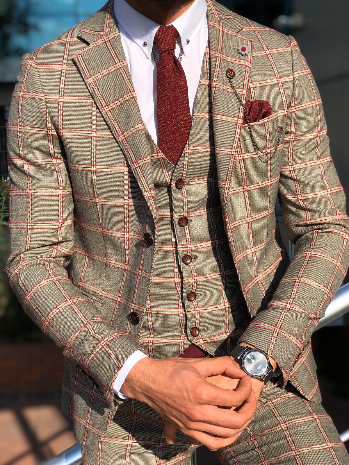 Toni Slim-Fit Plaid Suit Vest BURGUNDY-baagr.myshopify.com-suit-BOJONI