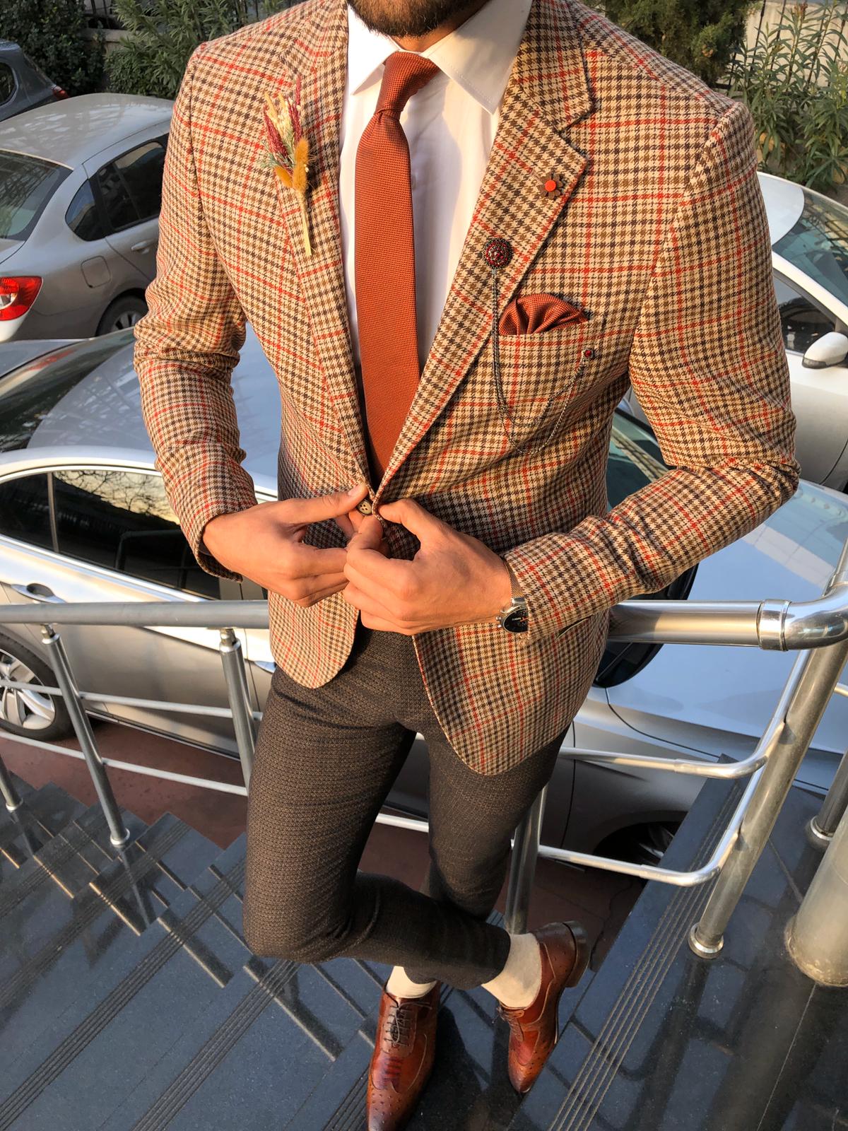 Dandalosh Slim-Fit Plaid Wool Jacket Beige-baagr.myshopify.com-blazers-BOJONI