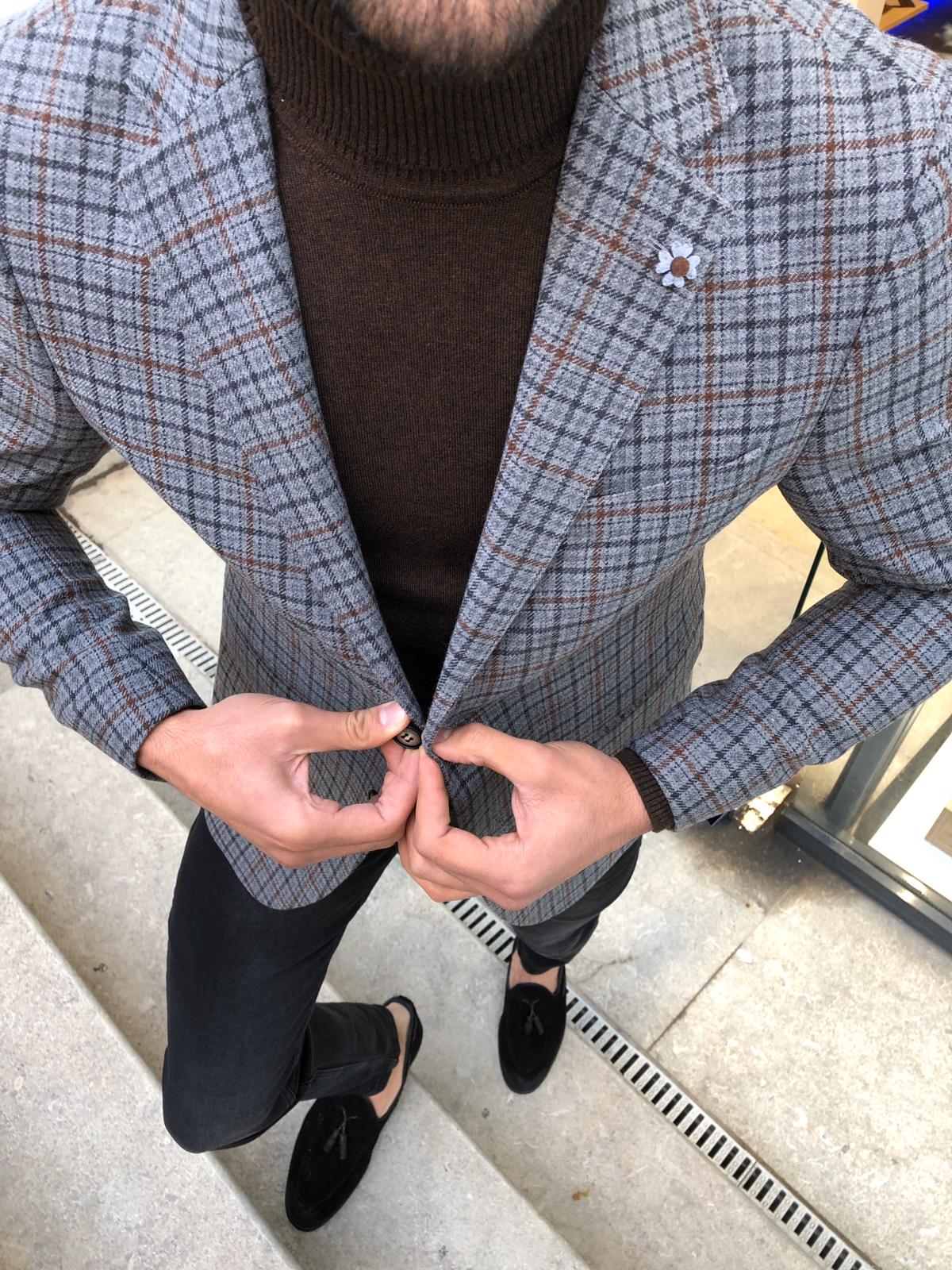 Bendi Slim-Fit Plaid Wool Jacket Gray-baagr.myshopify.com-blazers-BOJONI