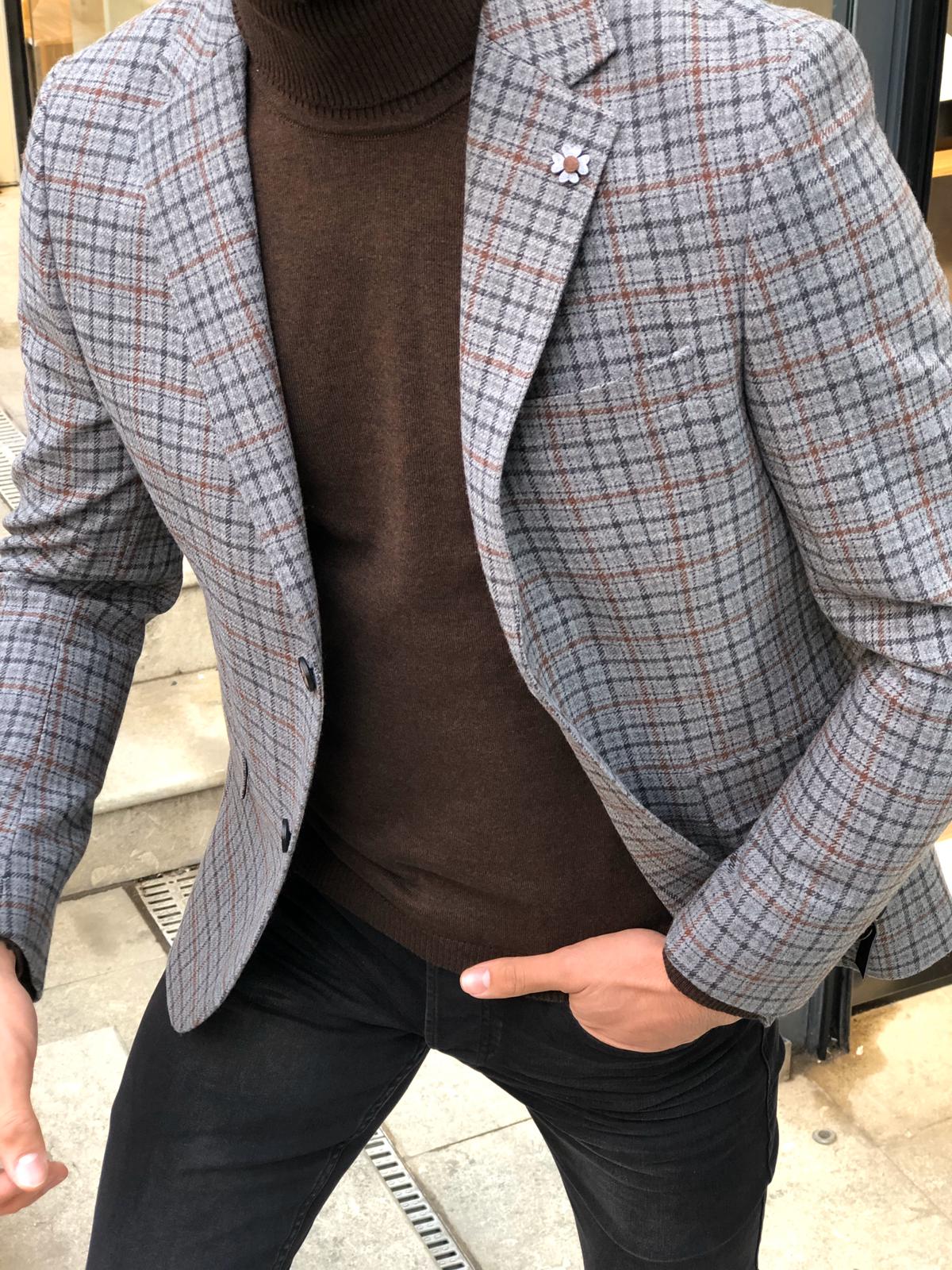 Bendi Slim-Fit Plaid Wool Jacket Gray-baagr.myshopify.com-blazers-BOJONI