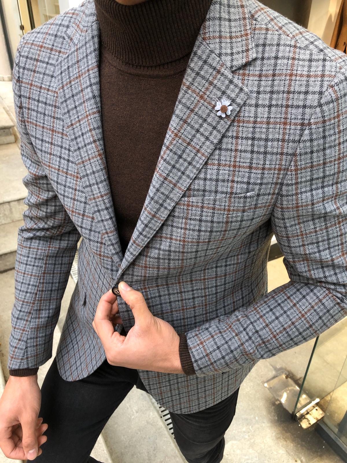 Bendi Slim-Fit Plaid Wool Jacket Gray-baagr.myshopify.com-blazers-BOJONI