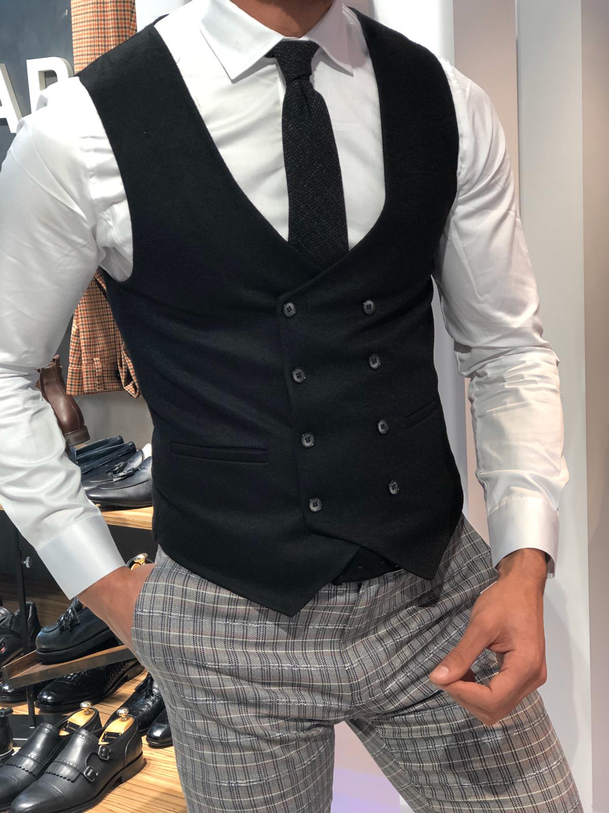Slim-Fit Wool Double-Breasted Vest Black-baagr.myshopify.com-suit-BOJONI