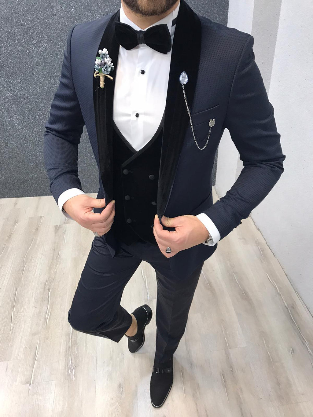Zerno Velvet Slim Fit Navy Blue Tuxedo-baagr.myshopify.com-1-BOJONI