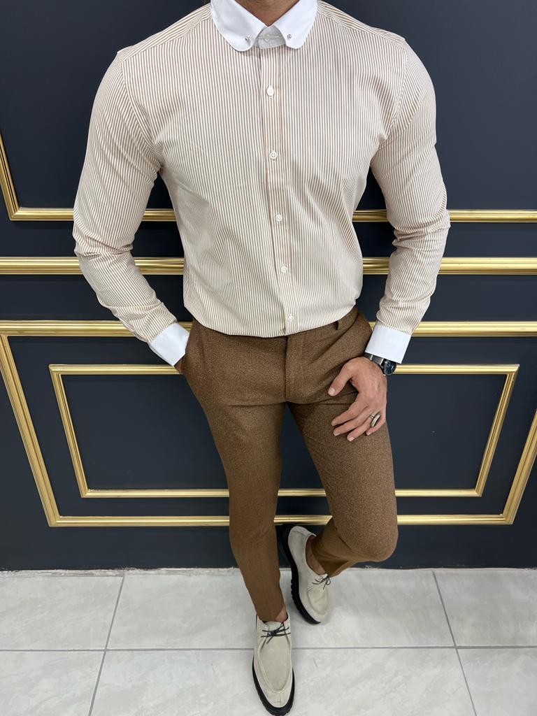 Leon Slim Fit Baby Collared Beige Striped Shirt
