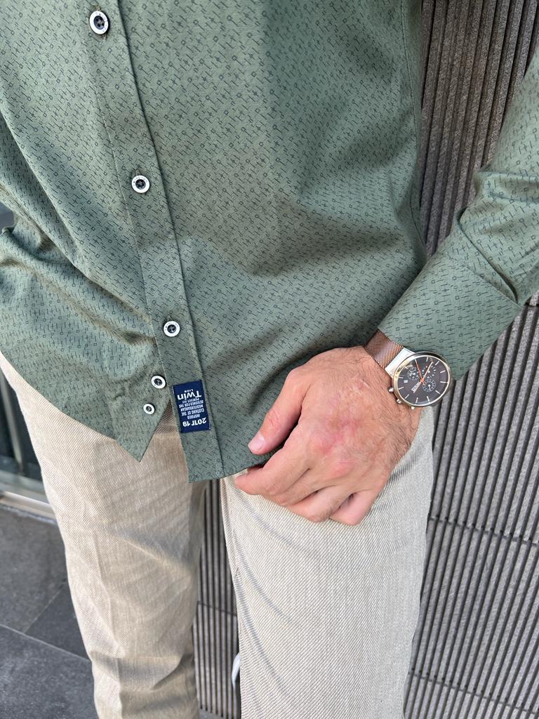 Giovanni Mannelli Slim Fit Khaki Patterned Shirt
