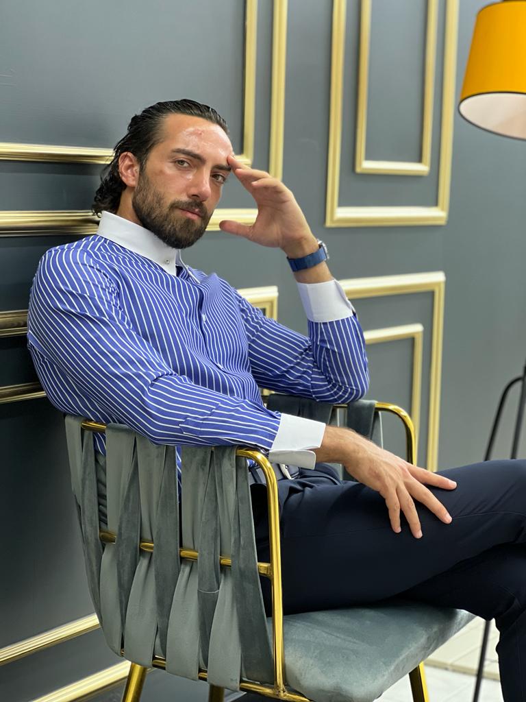 Bojoni Uluwatu Slim Fit Italian Collar Striped Blue Shirt