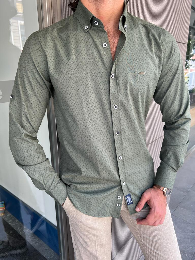 Giovanni Mannelli Slim Fit Khaki Patterned Shirt