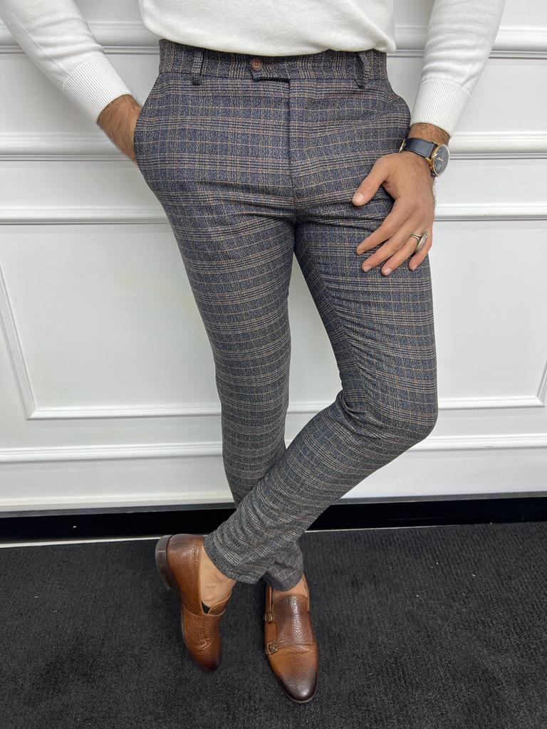Leon Slim Fit Plaid Striped Blue Pants