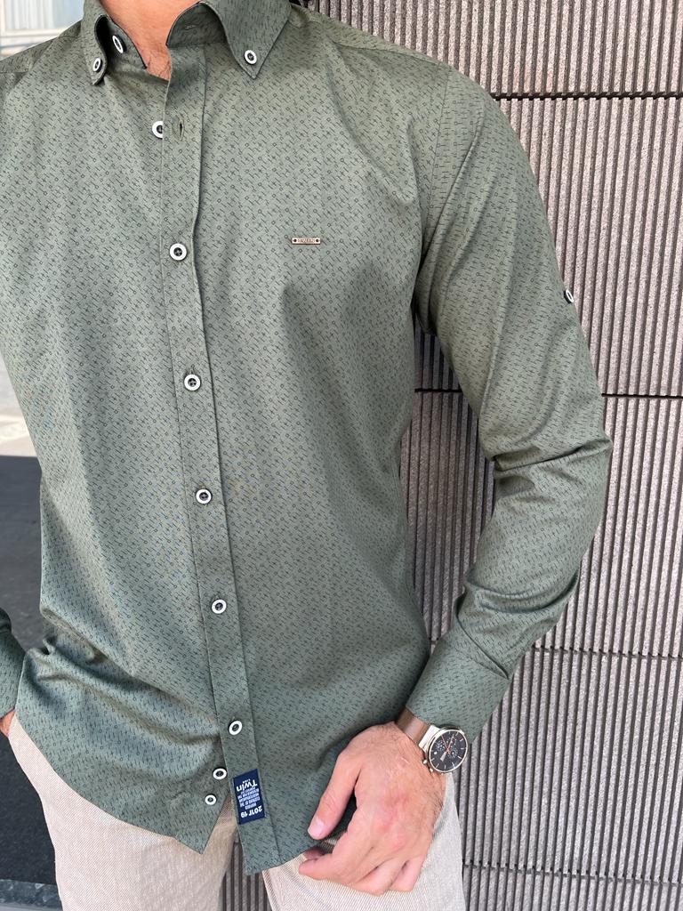 Giovanni Mannelli Slim Fit Khaki Patterned Shirt