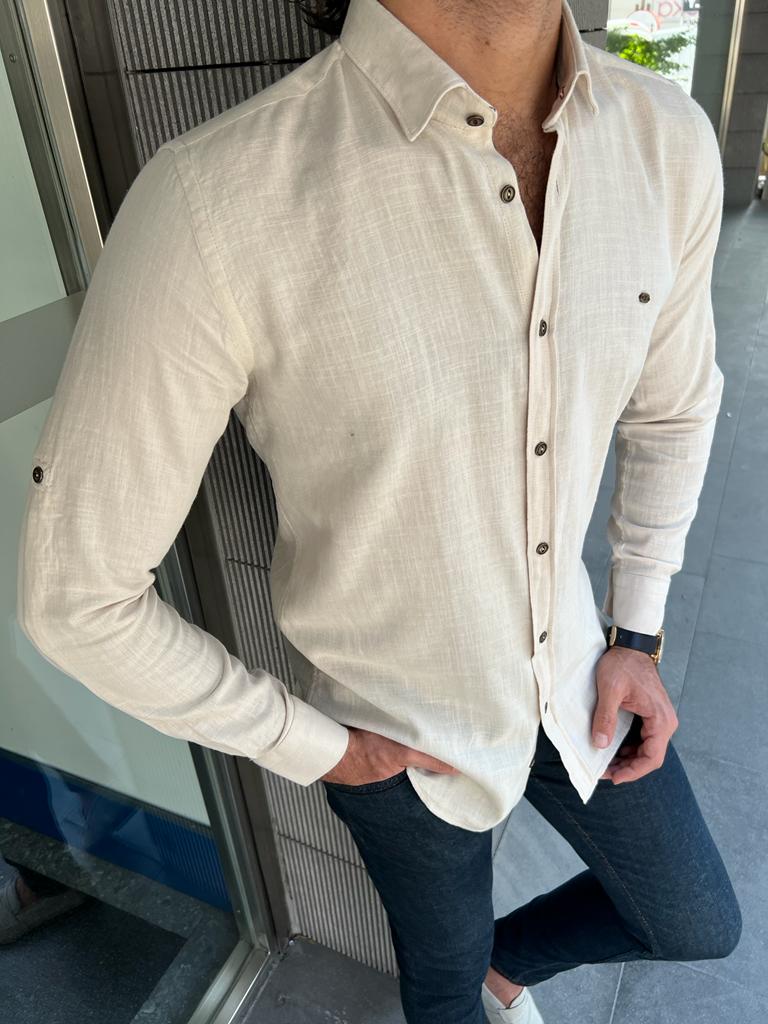 Giovanni Mannelli Slim Fit Beige Cotton Shirt