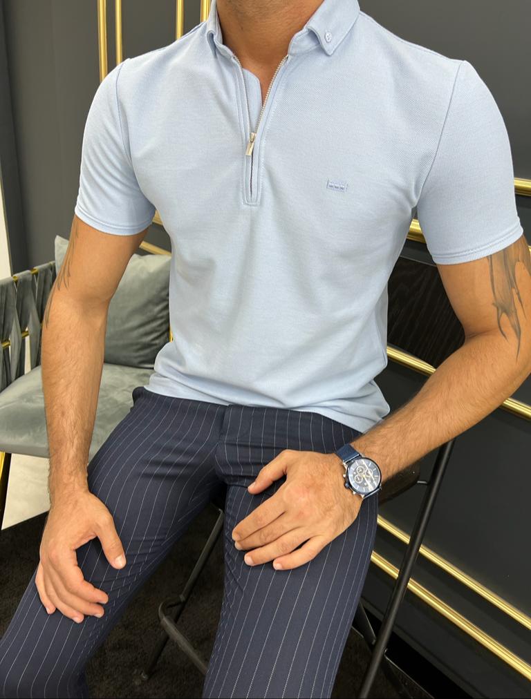 Bojoni Uluwatu Slim Fit Zippered Blue Polo Tees