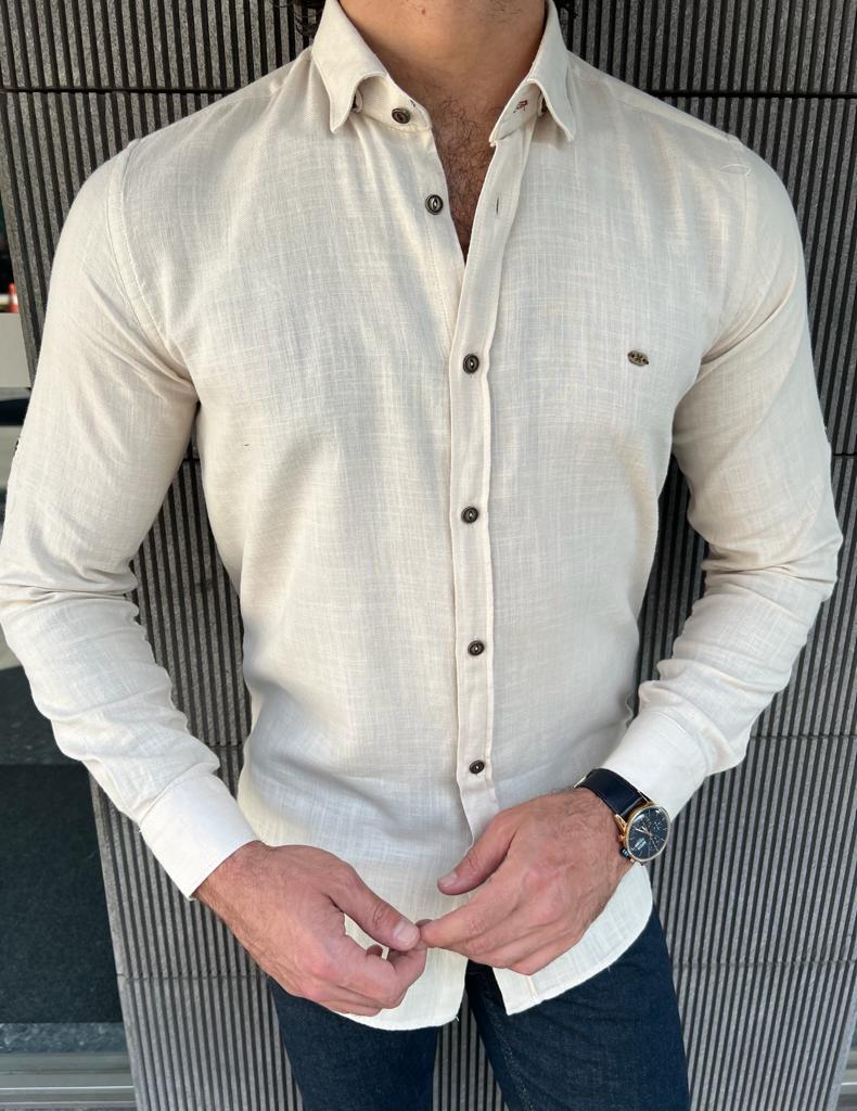 Giovanni Mannelli Slim Fit Beige Cotton Shirt