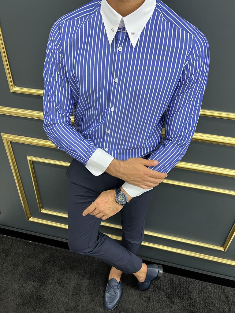 Bojoni Uluwatu Slim Fit Italian Collar Striped Blue Shirt