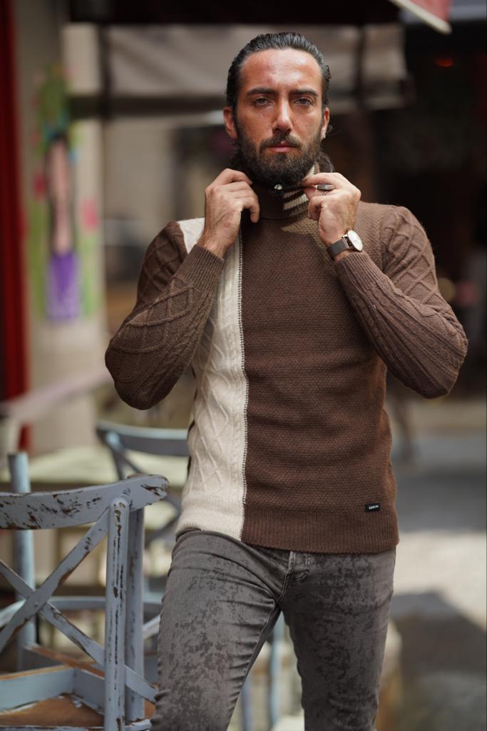 Thread Slim Fit Custom Design Brown Turtleneck