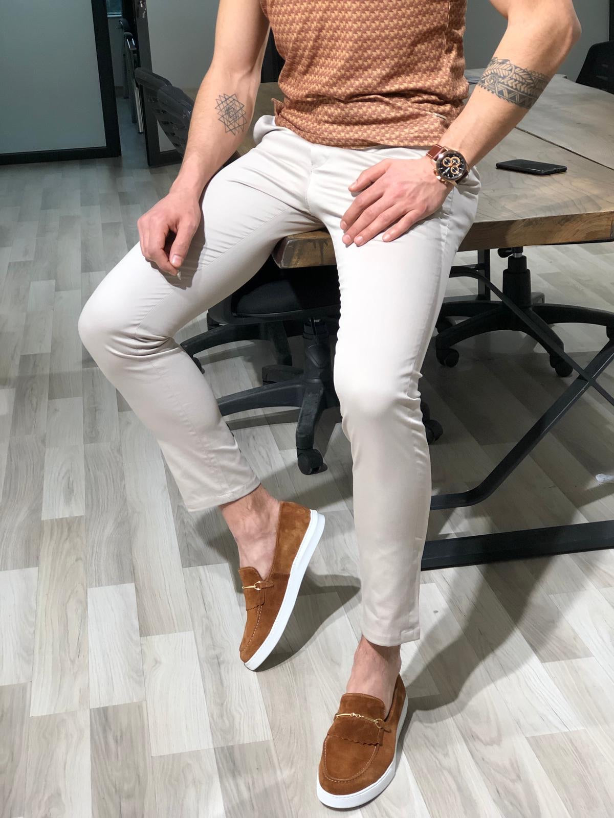 Beggi Slim-Fit Cotton Pants in Stone-baagr.myshopify.com-Pants-BOJONI