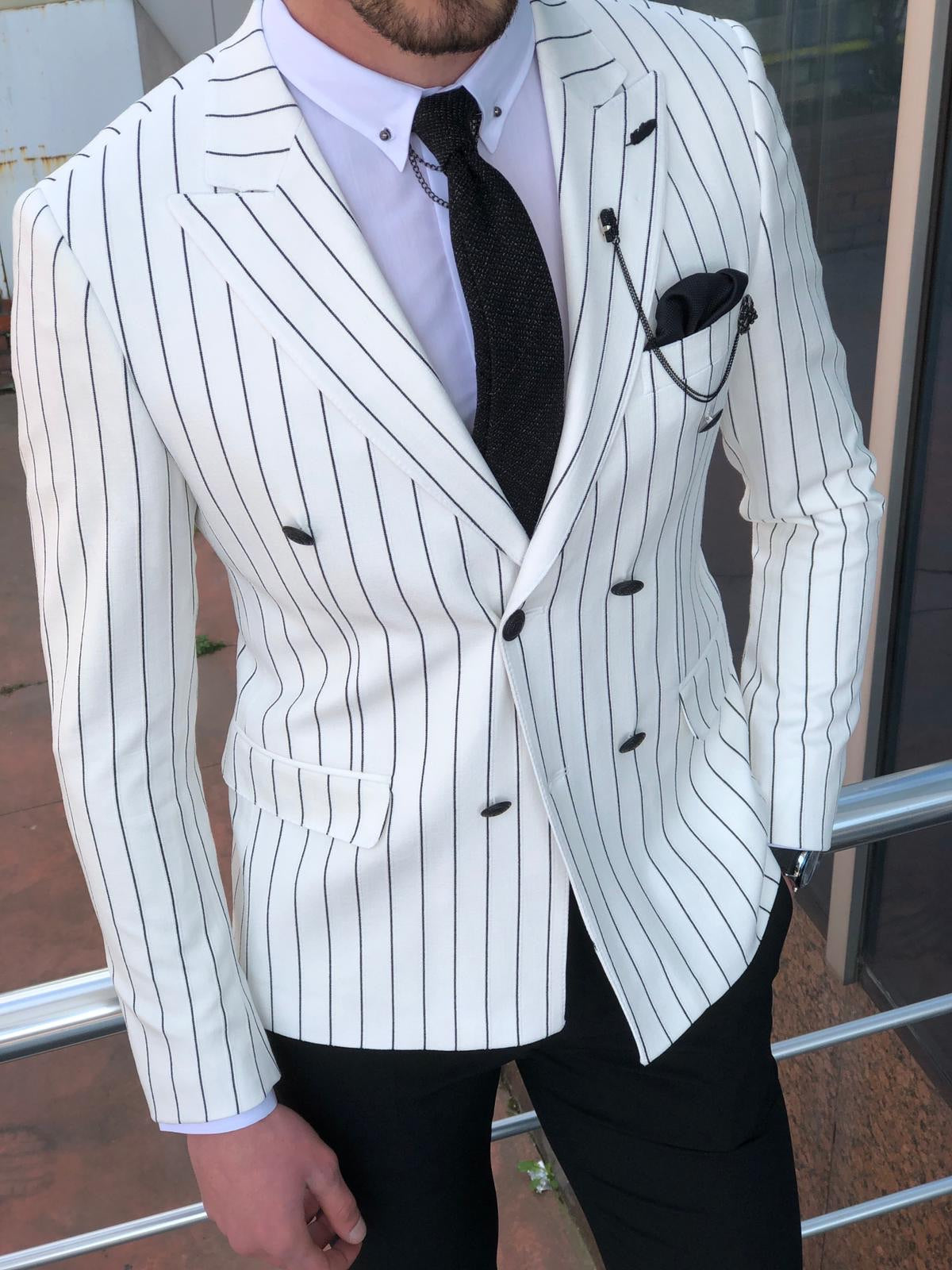 Stenos Slim-Fit Double Breasted Blazer in White-baagr.myshopify.com-suit-BOJONI
