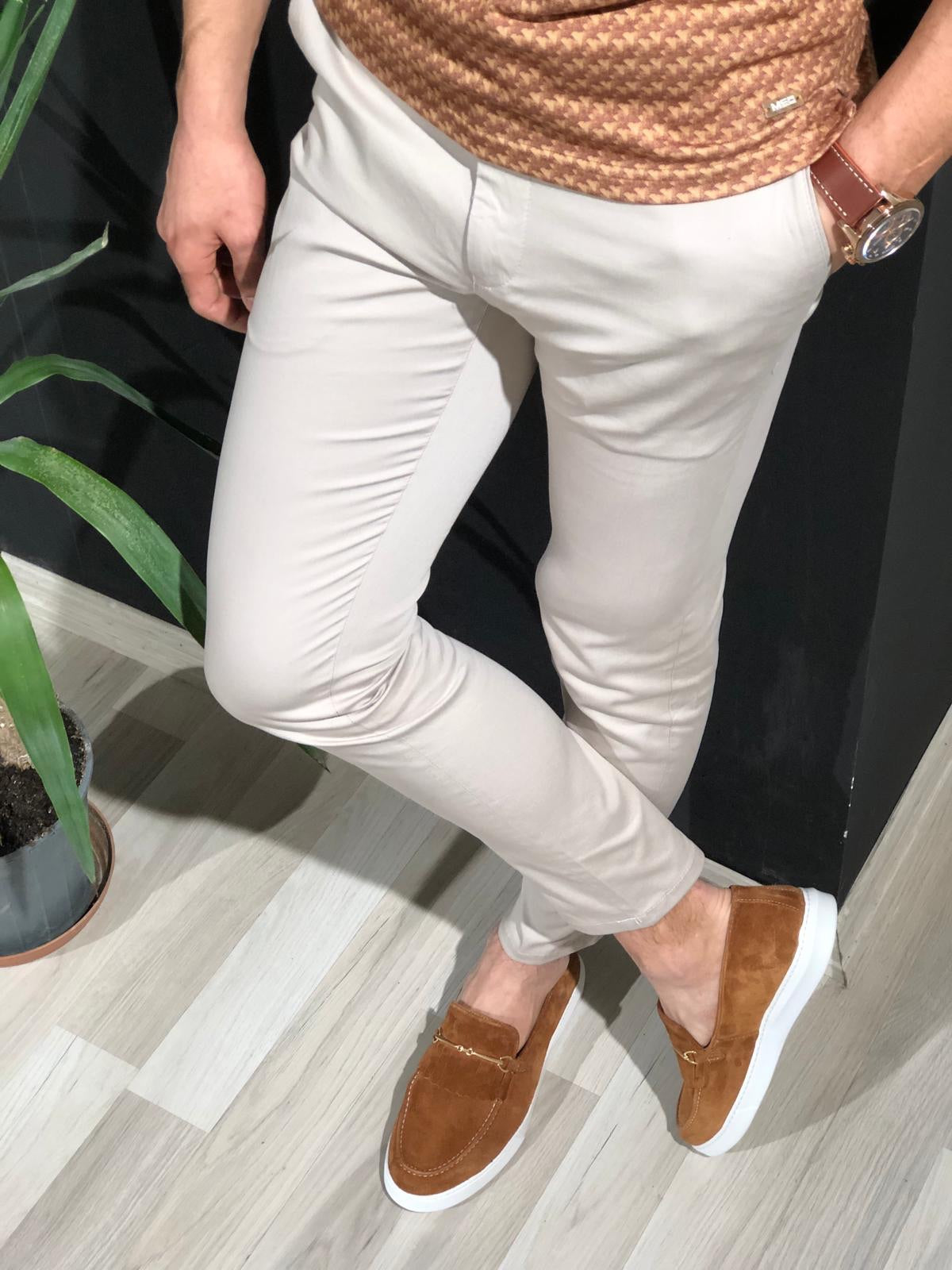Beggi Slim-Fit Cotton Pants in Stone-baagr.myshopify.com-Pants-BOJONI