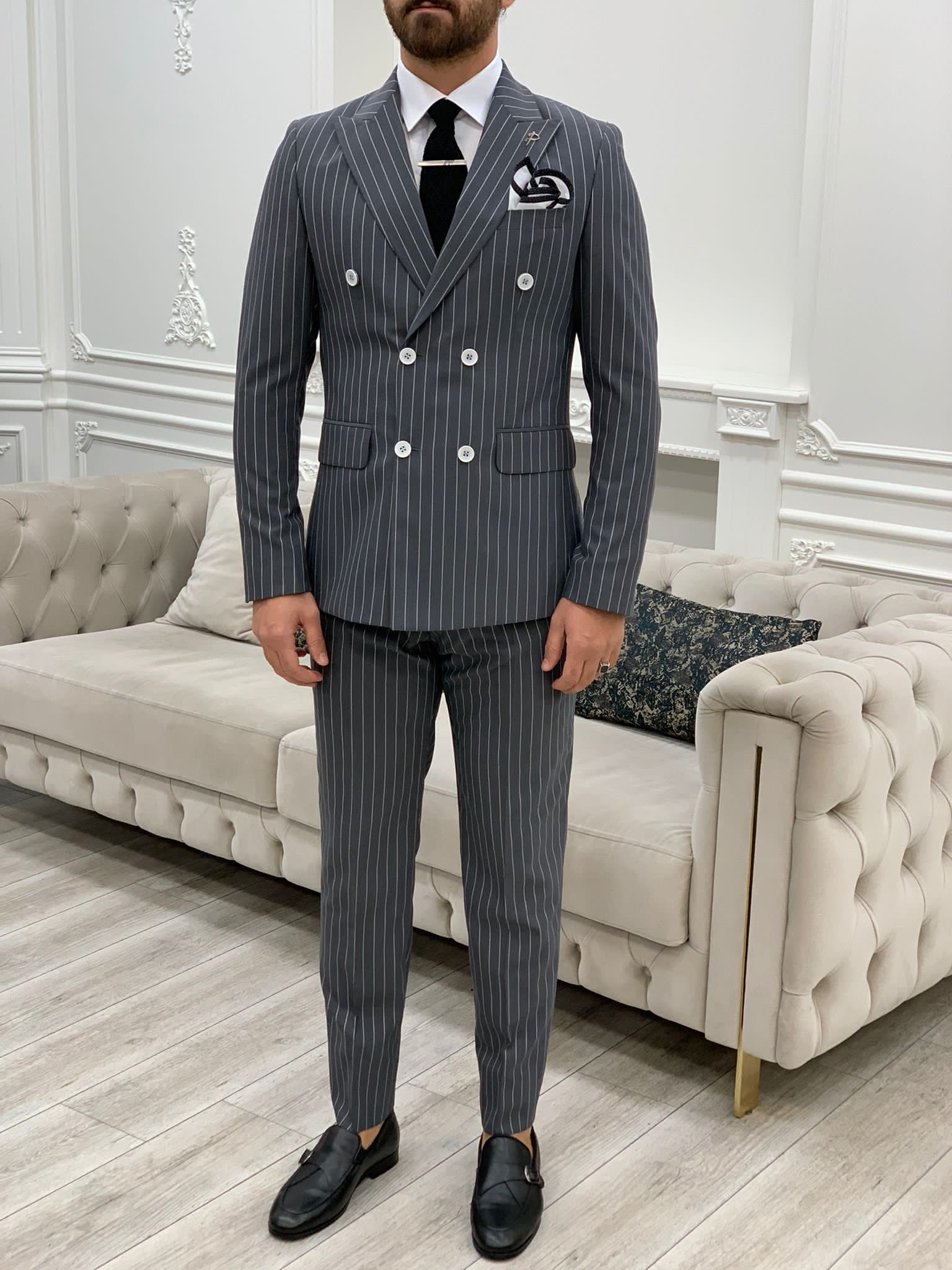 Bojoni Double Breasted Dark Gray Slim Fit Suit