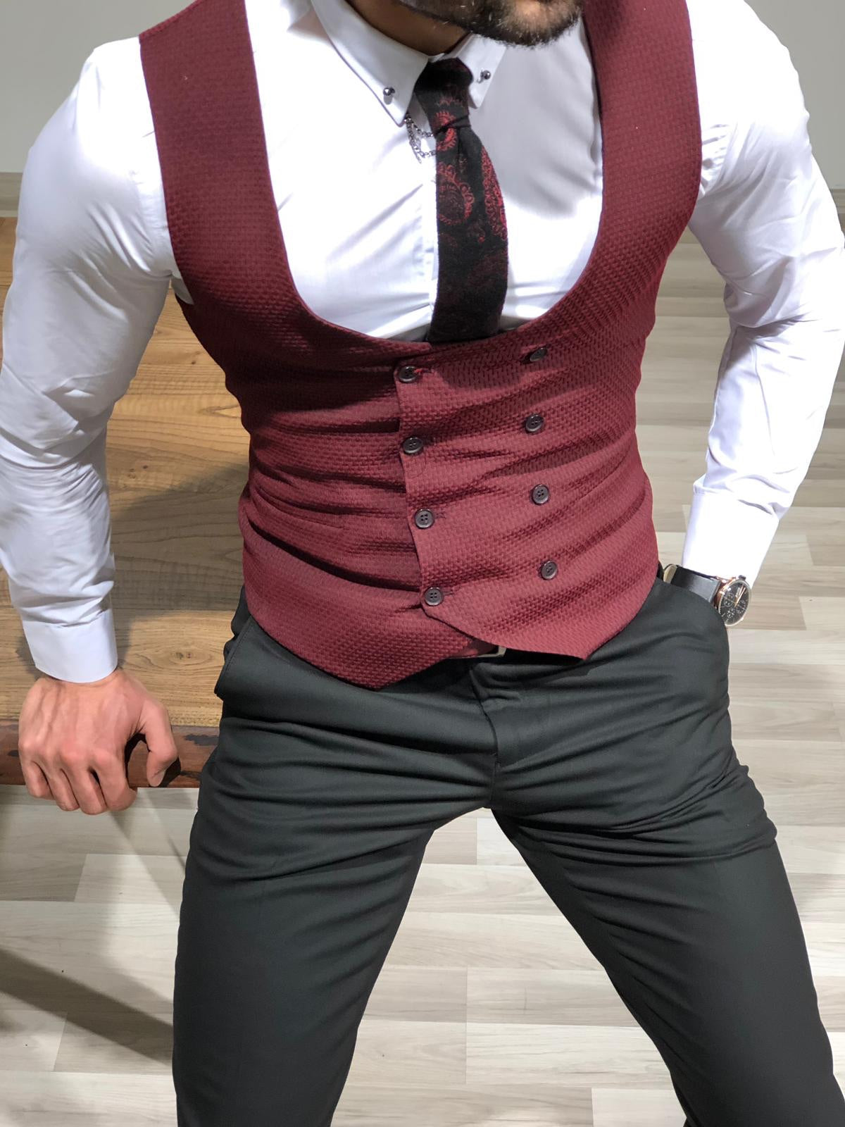 Slim-Fit Double  Breasted Vest Claretred-baagr.myshopify.com-suit-BOJONI