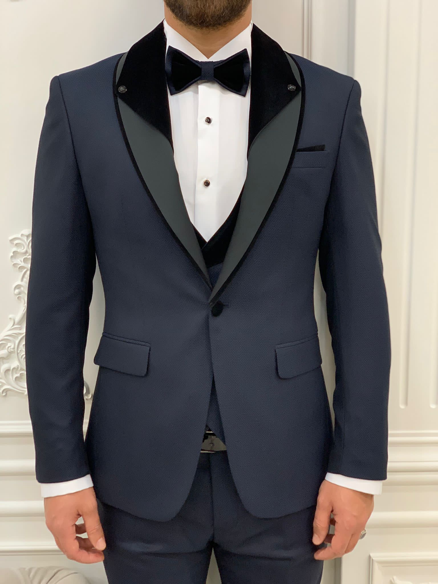 Bojoni Valencia Navy Blue Shawl Velvet Collar Slim Fit Tuxedo