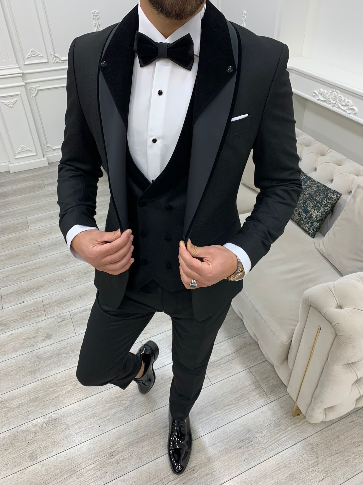 Bojoni Valencia Black Shawl Velvet Collar Slim Fit Tuxedo