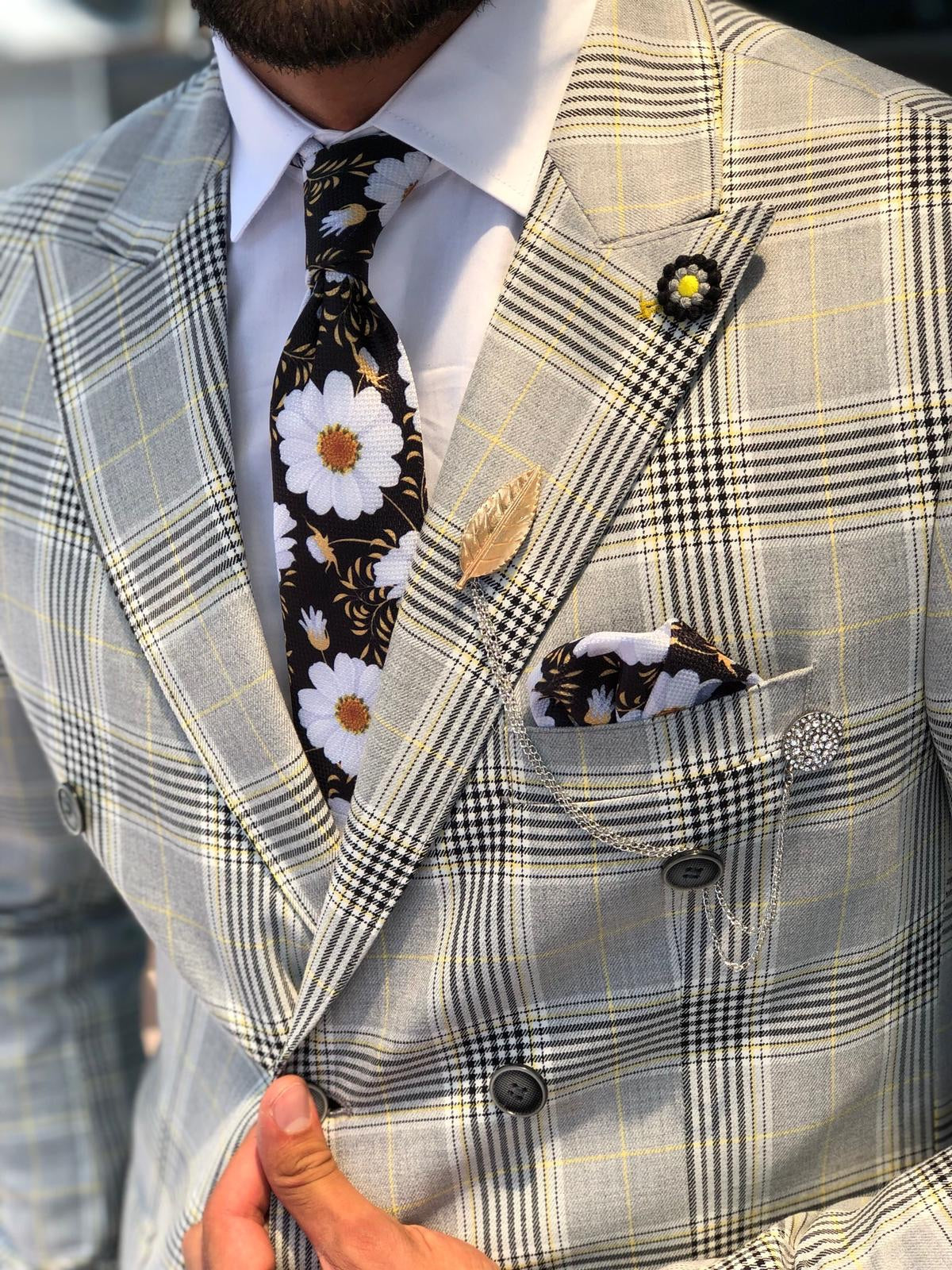 Slim-Fit Plaid  Double Breasted Jacket in Gray-baagr.myshopify.com-suit-BOJONI