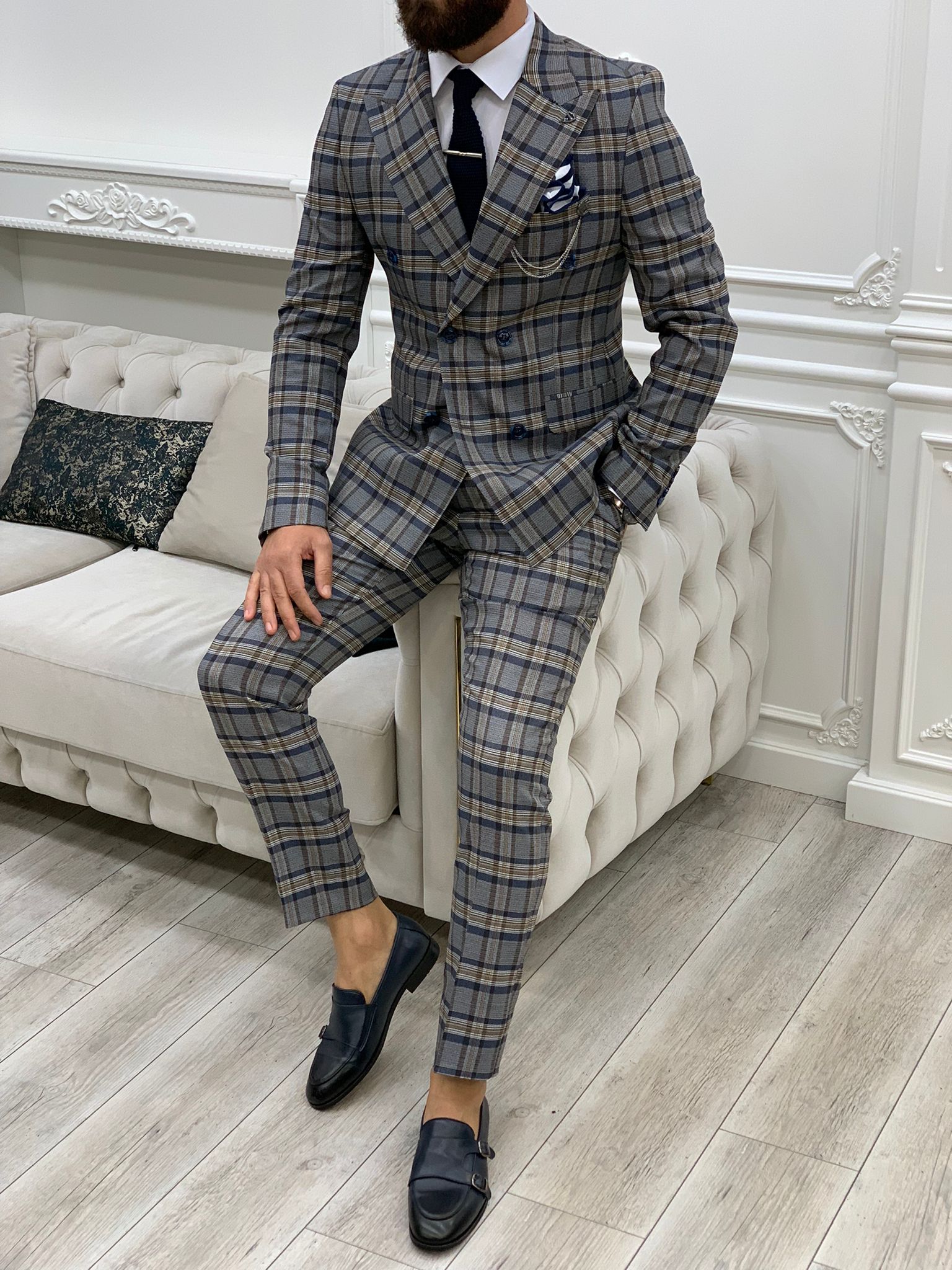 Vince Navy Blue Slim Fit Double Breasted Plaid Suit-baagr.myshopify.com-1-BOJONI