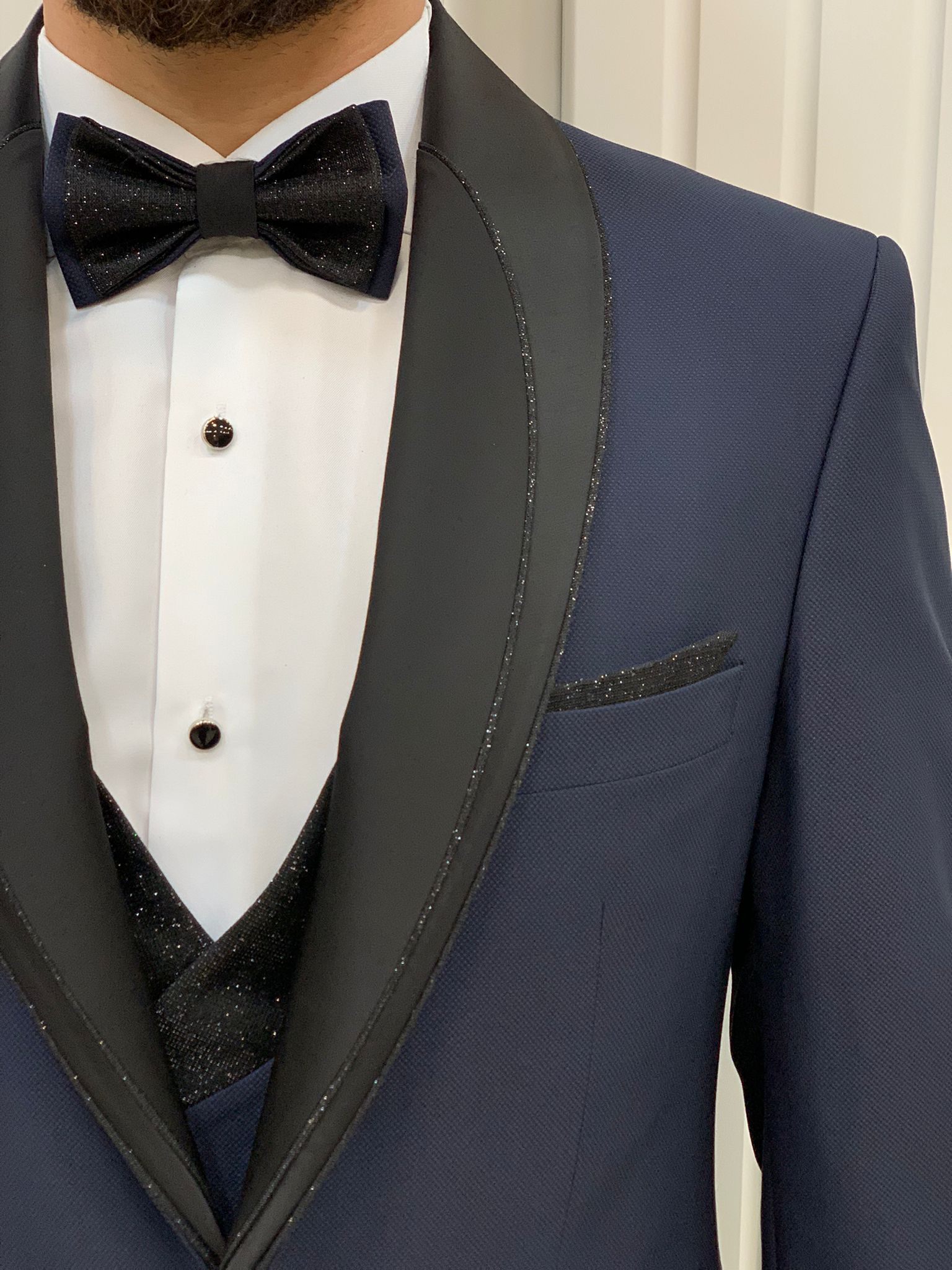 Bojoni Tishko Navy Diamond Shawl Collar Slim Fit Tuxedo