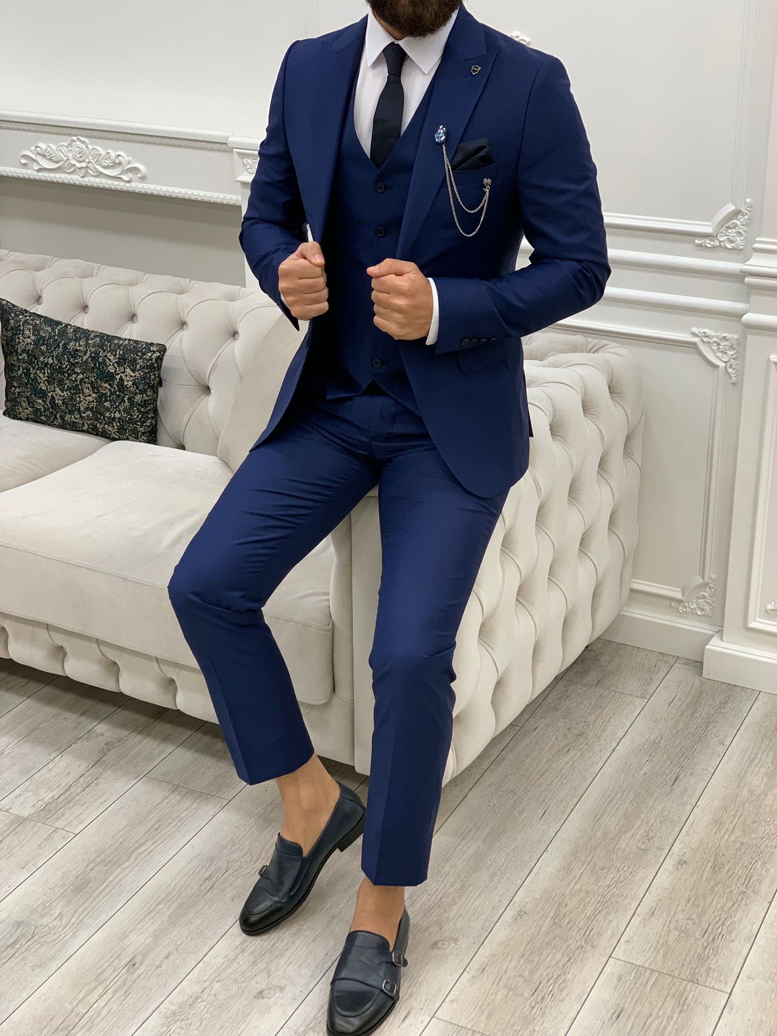 Vince Navy Blue Slim Fit Peak Lapel Suit-baagr.myshopify.com-1-BOJONI