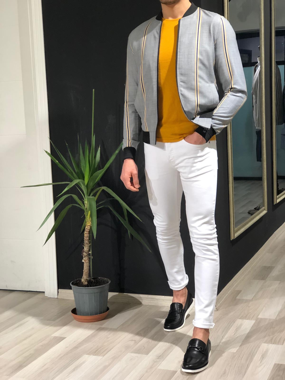 Faha Slim-Fit Colored Striped Jacket in Yellow-baagr.myshopify.com-Jacket-BOJONI