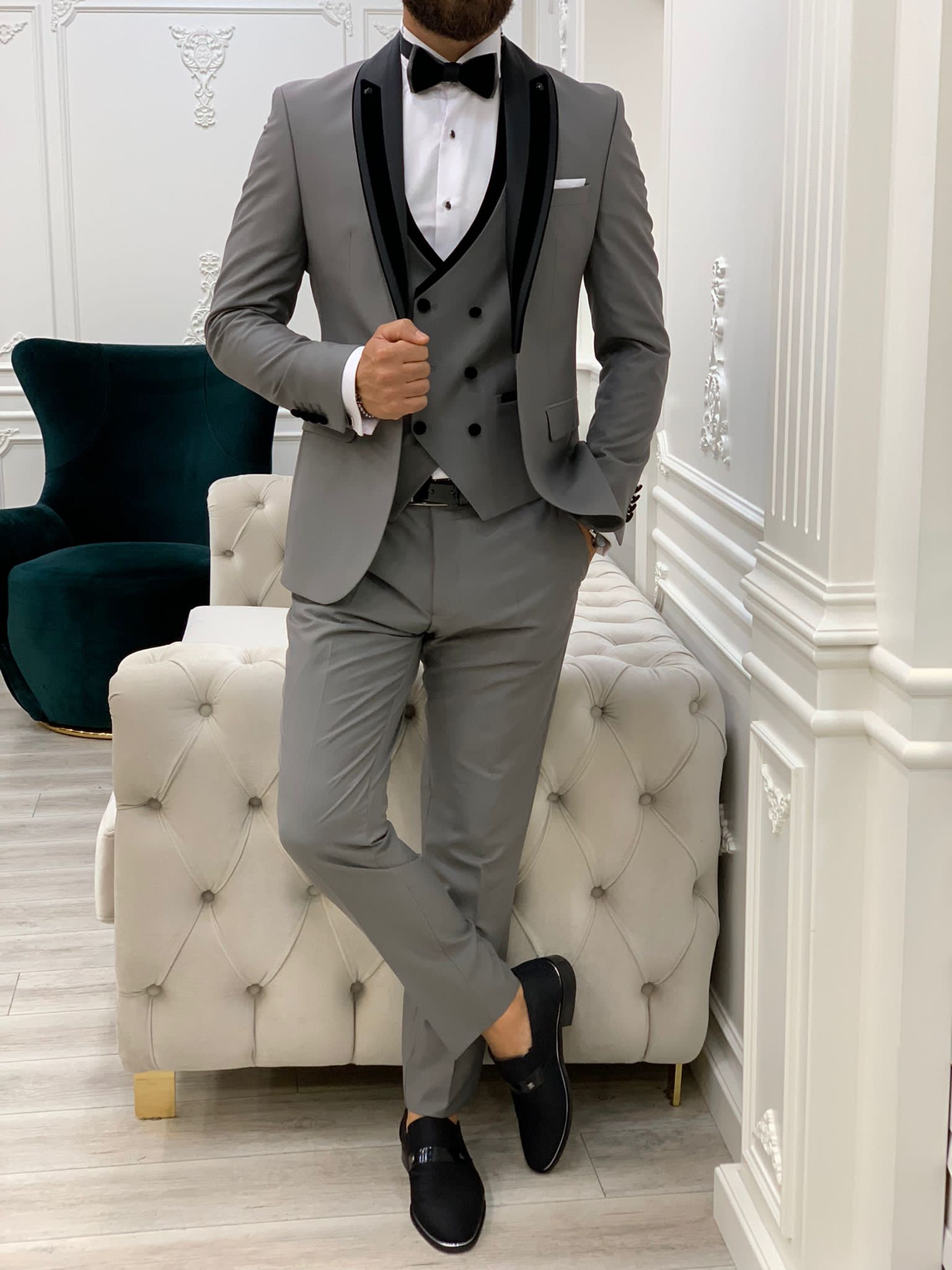 Rocca Gray Slim Fit Velvet Peak Lapel Tuxedo-baagr.myshopify.com-1-BOJONI