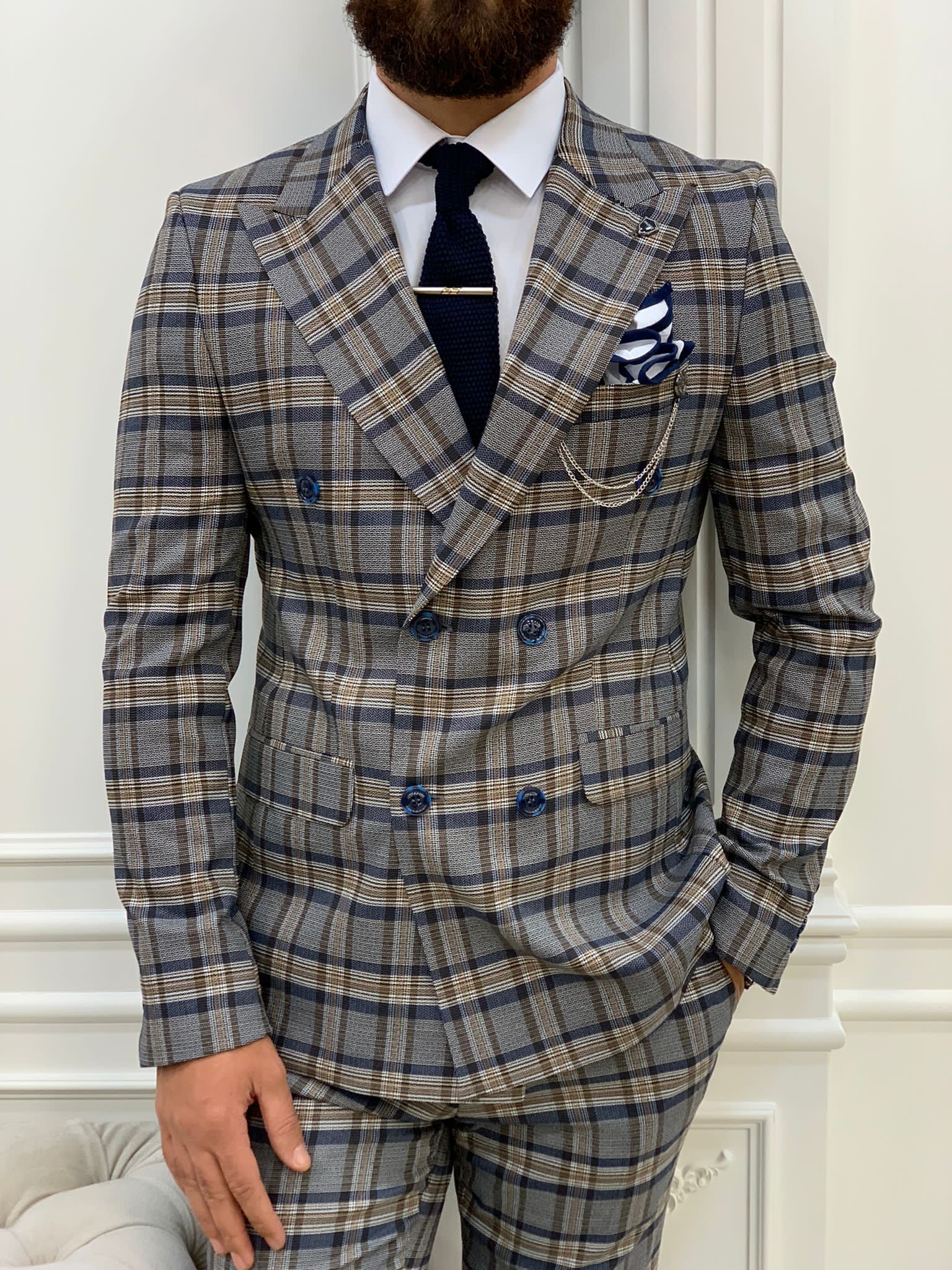 Vince Navy Blue Slim Fit Double Breasted Plaid Suit-baagr.myshopify.com-1-BOJONI