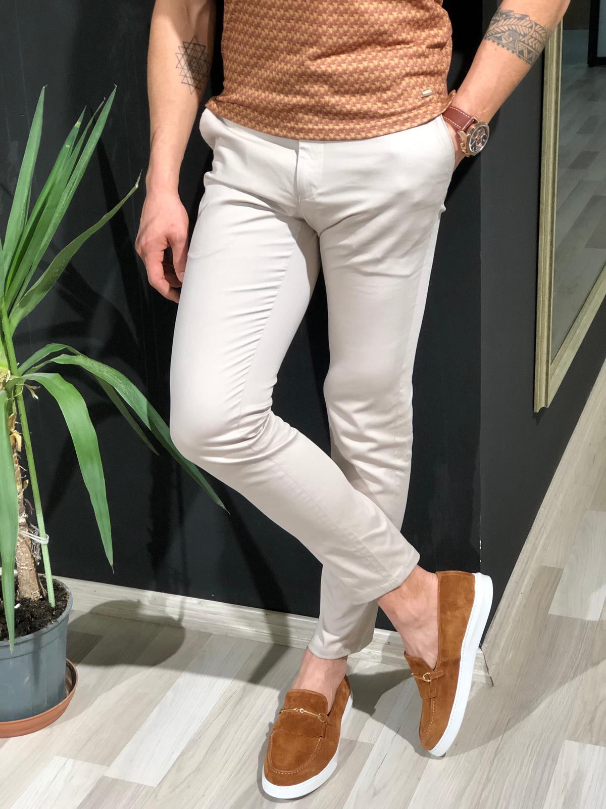 Beggi Slim-Fit Cotton Pants in Stone-baagr.myshopify.com-Pants-BOJONI