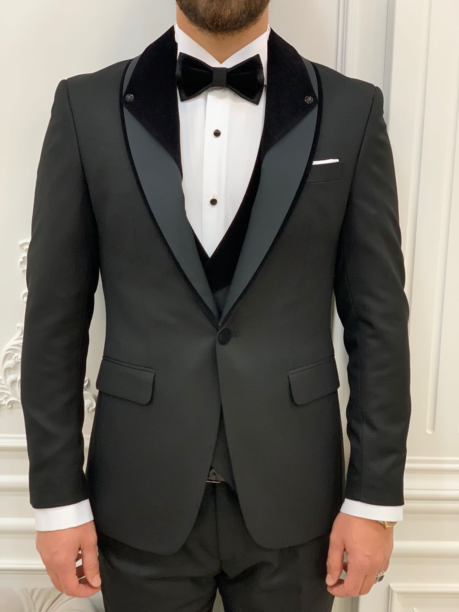 Bojoni Valencia Black Shawl Velvet Collar Slim Fit Tuxedo